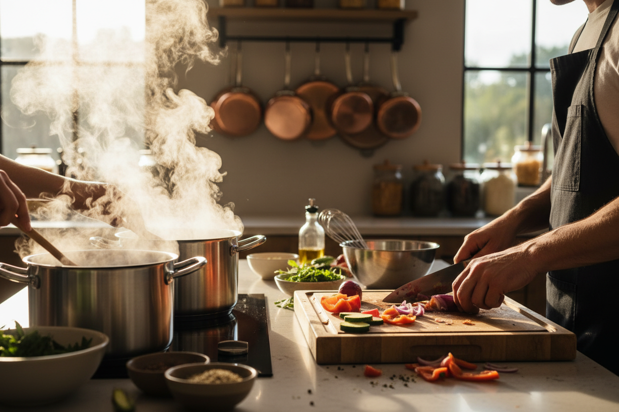plus en action la cuisine et prend un angle zoome