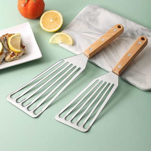 Spatule en acier inoxydable, type papillon, avec manche en bois. - cuizinezen