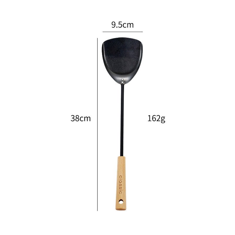 Spatule et louche en fonte noire pour usage domestique, adaptées aux poêles antiadhésives, avec long manche — pelle de chef et écumoire, manche en hêtre, ensemble d’ustensiles de cuisine classique. - cuizinezen