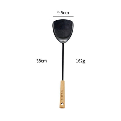 Spatule et louche en fonte noire pour usage domestique, adaptées aux poêles antiadhésives, avec long manche — pelle de chef et écumoire, manche en hêtre, ensemble d’ustensiles de cuisine classique. - cuizinezen