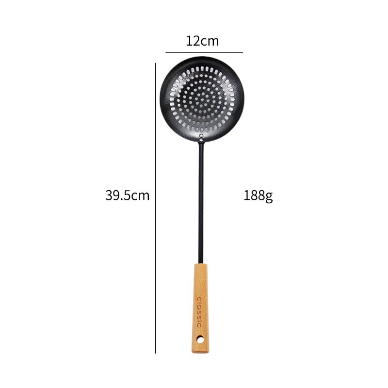 Spatule et louche en fonte noire pour usage domestique, adaptées aux poêles antiadhésives, avec long manche — pelle de chef et écumoire, manche en hêtre, ensemble d’ustensiles de cuisine classique. - cuizinezen