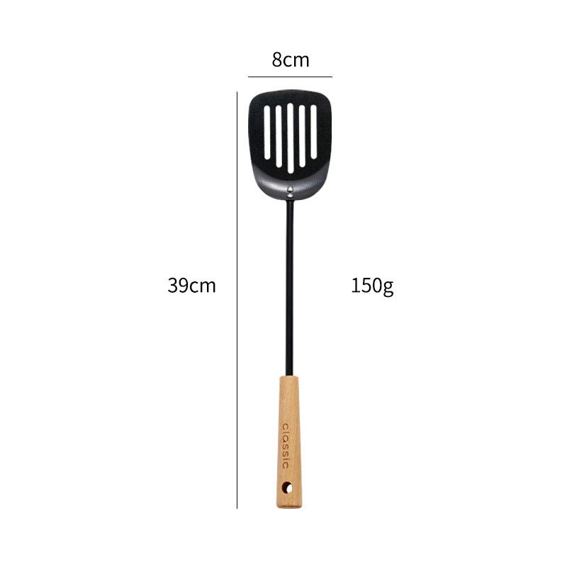 Spatule et louche en fonte noire pour usage domestique, adaptées aux poêles antiadhésives, avec long manche — pelle de chef et écumoire, manche en hêtre, ensemble d’ustensiles de cuisine classique. - cuizinezen