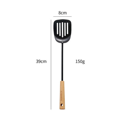 Spatule et louche en fonte noire pour usage domestique, adaptées aux poêles antiadhésives, avec long manche — pelle de chef et écumoire, manche en hêtre, ensemble d’ustensiles de cuisine classique. - cuizinezen