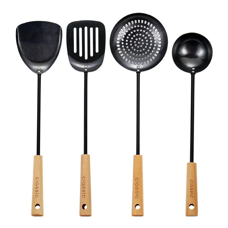 Spatule et louche en fonte noire pour usage domestique, adaptées aux poêles antiadhésives, avec long manche — pelle de chef et écumoire, manche en hêtre, ensemble d’ustensiles de cuisine classique. - cuizinezen