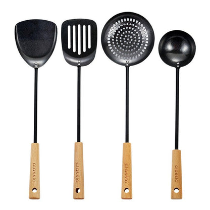 Spatule et louche en fonte noire pour usage domestique, adaptées aux poêles antiadhésives, avec long manche — pelle de chef et écumoire, manche en hêtre, ensemble d’ustensiles de cuisine classique. - cuizinezen
