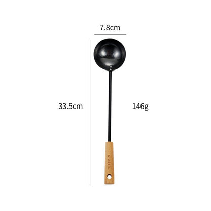 Spatule et louche en fonte noire pour usage domestique, adaptées aux poêles antiadhésives, avec long manche — pelle de chef et écumoire, manche en hêtre, ensemble d’ustensiles de cuisine classique. - cuizinezen