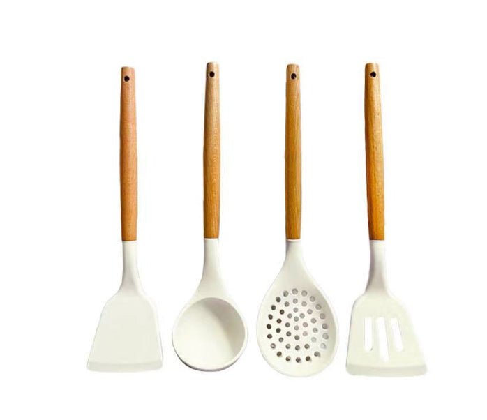Ustensiles de cuisine blancs en silicone et manche en bois 11 pieces non - adhésifs - cuizinezen