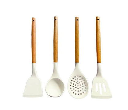 Ustensiles de cuisine blancs en silicone et manche en bois 11 pieces non - adhésifs - cuizinezen