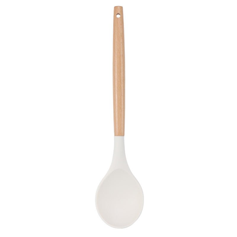 Ustensiles de cuisine blancs en silicone et manche en bois 11 pieces non - adhésifs - cuizinezen