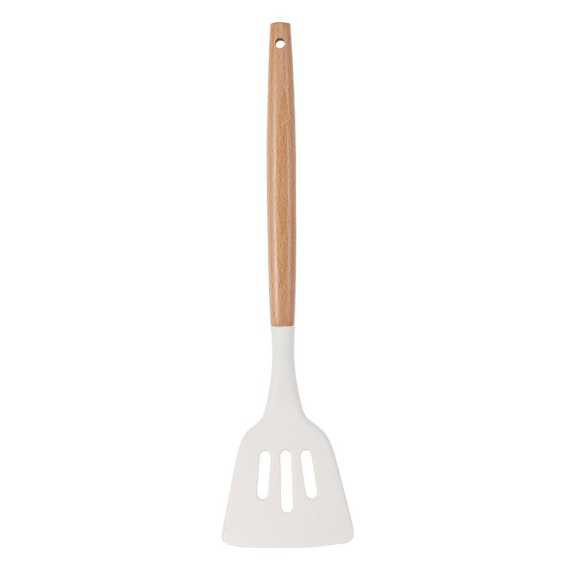 Ustensiles de cuisine blancs en silicone et manche en bois 11 pieces non - adhésifs - cuizinezen
