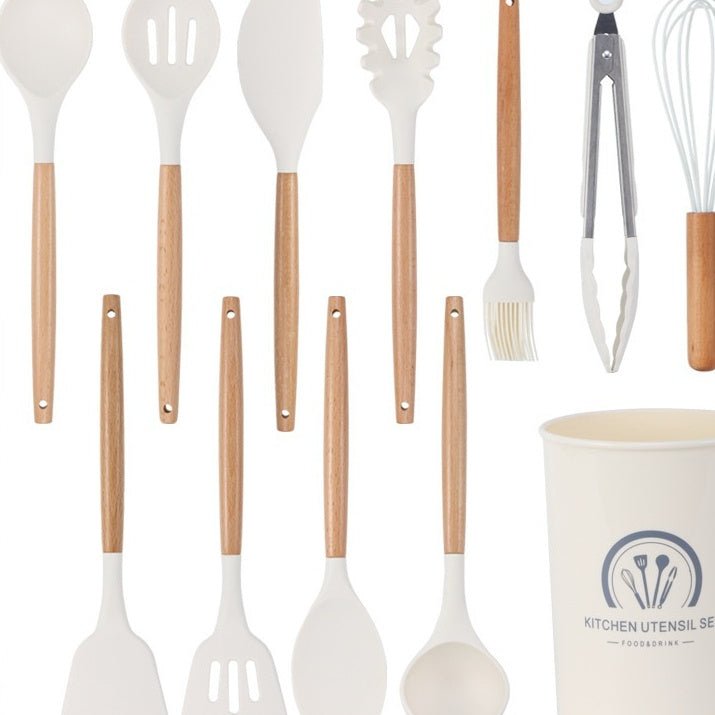 Ustensiles de cuisine blancs en silicone et manche en bois 11 pieces non - adhésifs - cuizinezen