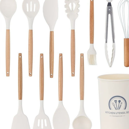 Ustensiles de cuisine blancs en silicone et manche en bois 11 pieces non - adhésifs - cuizinezen