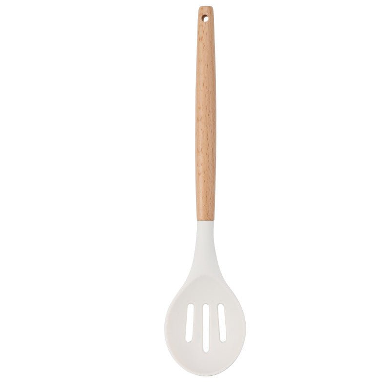 Ustensiles de cuisine blancs en silicone et manche en bois 11 pieces non - adhésifs - cuizinezen