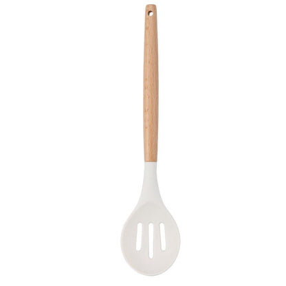Ustensiles de cuisine blancs en silicone et manche en bois 11 pieces non - adhésifs - cuizinezen