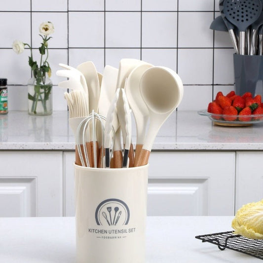 Ustensiles de cuisine blancs en silicone et manche en bois 11 pieces non - adhésifs - cuizinezen