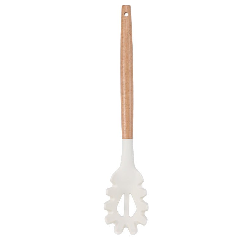 Ustensiles de cuisine blancs en silicone et manche en bois 11 pieces non - adhésifs - cuizinezen