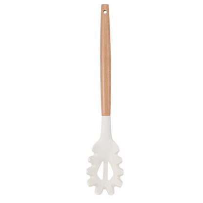 Ustensiles de cuisine blancs en silicone et manche en bois 11 pieces non - adhésifs - cuizinezen