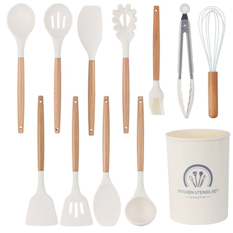 Ustensiles de cuisine blancs en silicone et manche en bois 11 pieces non - adhésifs - cuizinezen