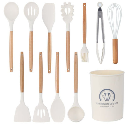 Ustensiles de cuisine blancs en silicone et manche en bois 11 pieces non - adhésifs - cuizinezen