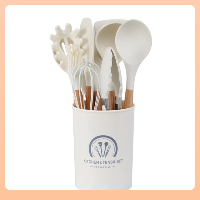 Ustensiles de cuisine blancs en silicone et manche en bois 11 pieces non - adhésifs - cuizinezen