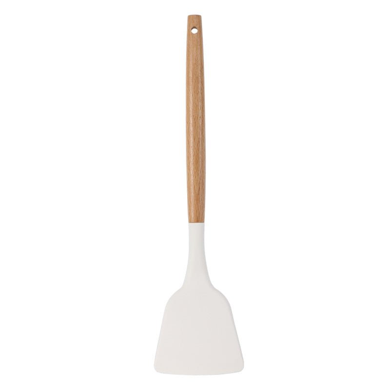 Ustensiles de cuisine blancs en silicone et manche en bois 11 pieces non - adhésifs - cuizinezen